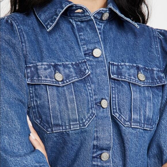 Boyish by HER NWT The Landon Cropped Puff Sleeve Dark Wash Button Jean Jacket - Picture 3 of 15